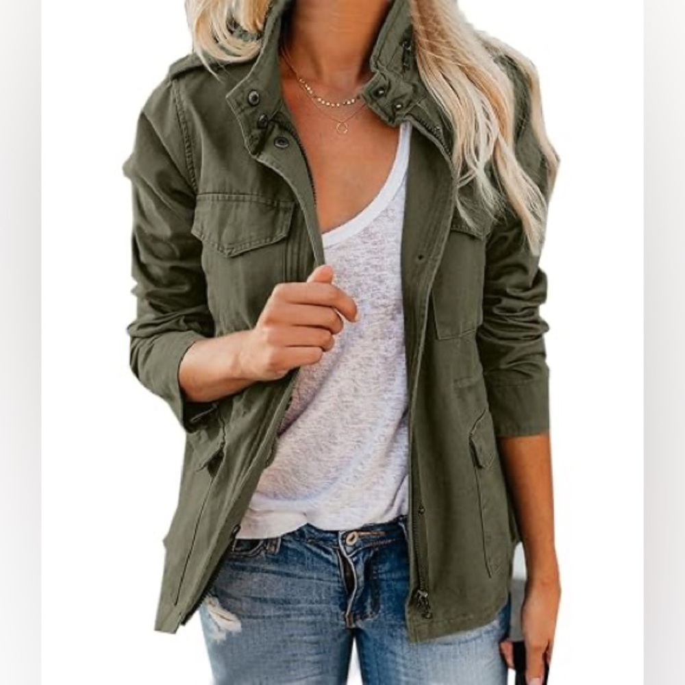 🆕 Merona Military Style Utility Olive Green Jacket with Drawstring Waist, Size M